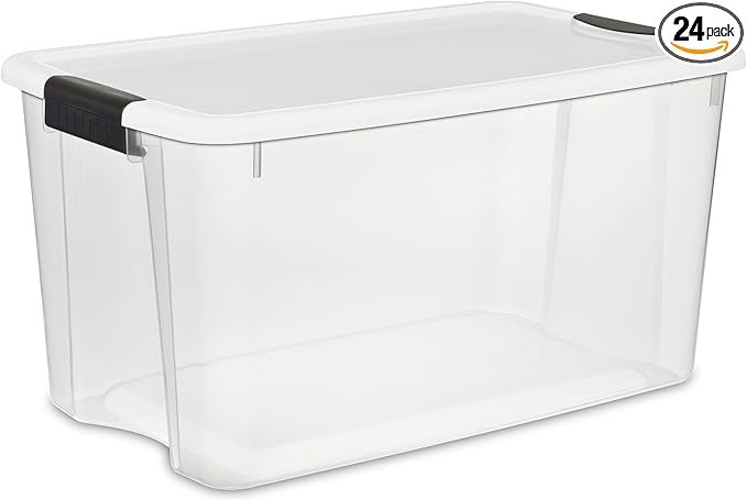 24-Pack Ultra Latching Box, Storage Bins with Lids, Clear Plastic, 70 Quart - Heavy-Duty Organizing Containers for Closet, Bathroom, and Office