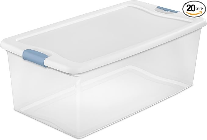 20-Pack Latching Box, Under Bed Storage Bins with Lids, Clear Plastic, 106 Quart - Heavy-Duty Organizing Containers for Closet, Bathroom, and Office