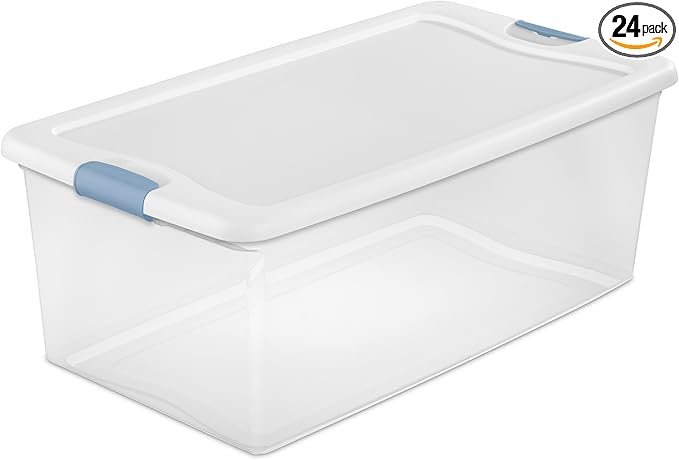 24-Pack Latching Box, Under Bed Storage Bins with Lids, Clear Plastic, 106 Quart - Heavy-Duty Organizing Containers for Closet, Bathroom, and Office