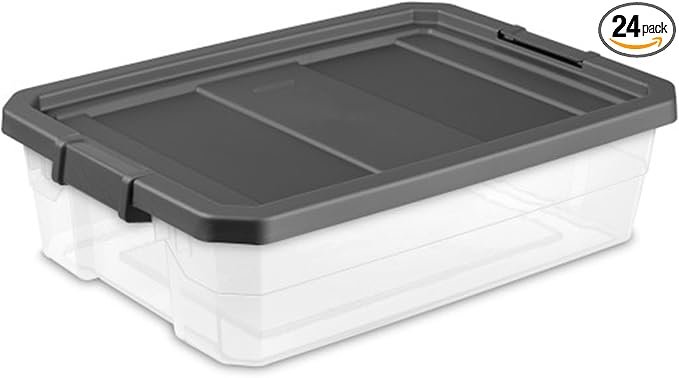 24-Pack Modular Stacker Box, Durable Clear Plastic Storage Bins with Latching Lids, 40 Quart - Stackable Organizing Container Boxes for Closet, Bathroom, and Office