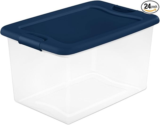 24-Pack Color Program, Large Clear Plastic Storage Bins with Lids, 64 Quart, Blue - Stackable Organizing Container Boxes for Closet, Bathroom, and Office