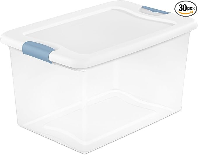 30-Pack Latching Box, Under Bed Storage Bins with Lids, Clear Plastic, 64 Quart - Heavy-Duty Organizing Containers for Closet, Bathroom, and Office
