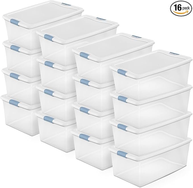 16-Pack Latching Box, Under Bed Storage Bins with Lids, Clear Plastic, 106 Quart - Heavy-Duty Organizing Containers for Closet, Bathroom, and Office