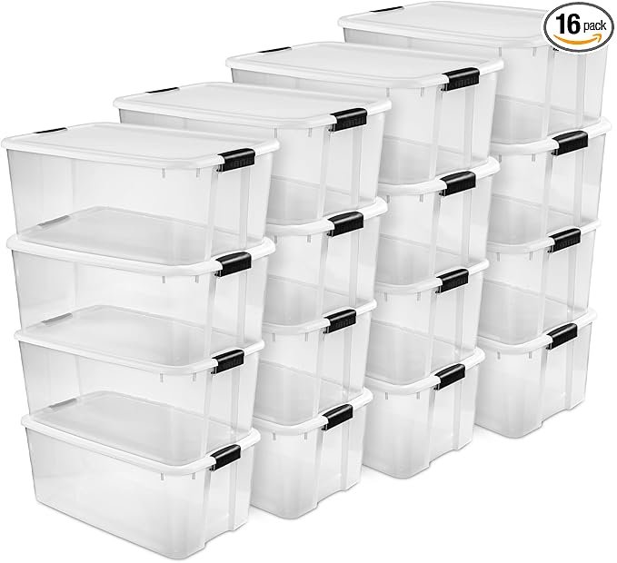 16-Pack Ultra Latching Box, Storage Bins with Lids, Clear Plastic, 116 Quart - Heavy-Duty Organizing Containers for Closet, Bathroom, and Office