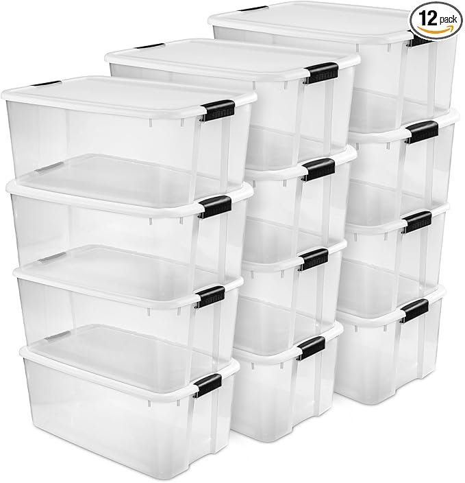 12-Pack Ultra Latching Box, Storage Bins with Lids, Clear Plastic, 116 Quart - Heavy-Duty Organizing Containers for Closet, Bathroom, and Office