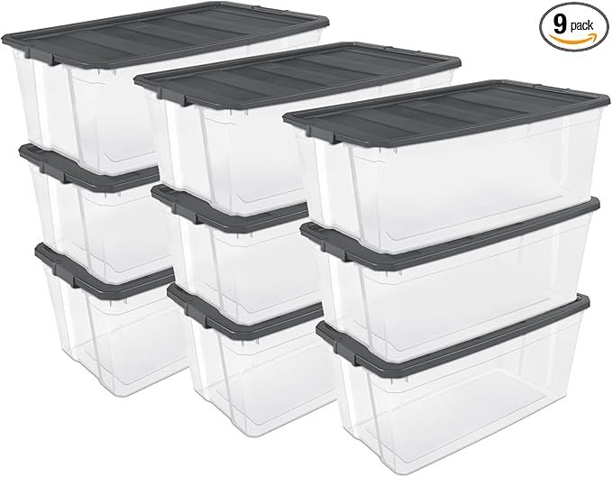 9-Pack Modular Stacker Box, Durable Clear Plastic Storage Bins with Latching Lids, 200 Quart - Stackable Organizing Container Boxes for Closet, Bathroom, and Office