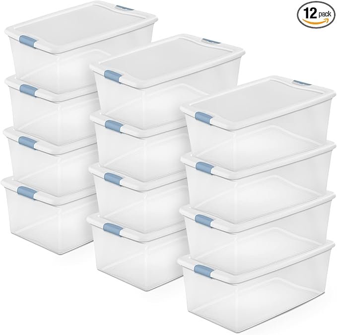 Sterilite 12-Pack Latching Box, Under Bed Storage Bins with Lids, Clear Plastic, 106 Quart - Heavy-Duty Organizing Containers for Closet, Bathroom, and Office