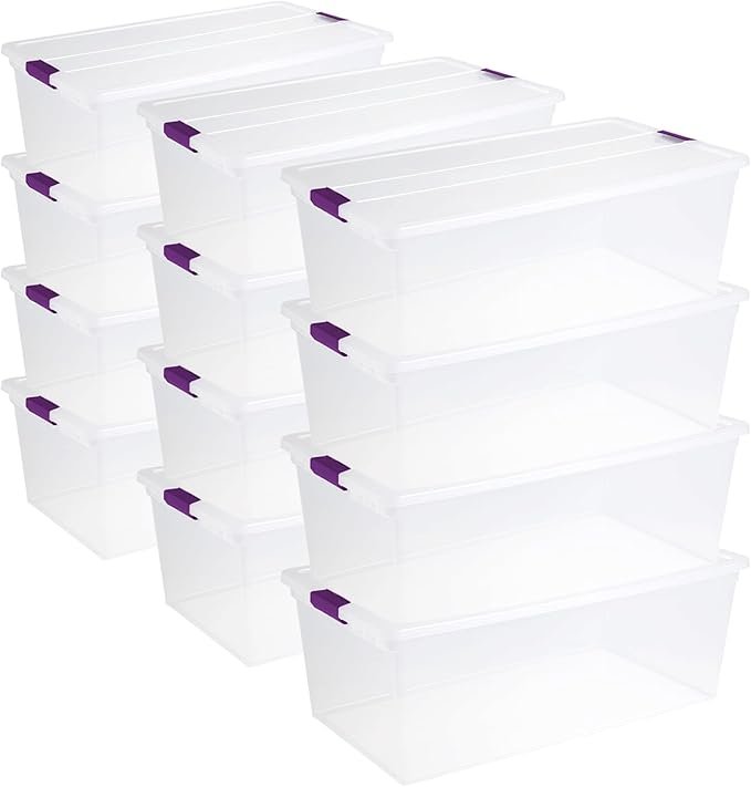 12-Pack 110 Quart ClearView Latch Box, Stackable Organizer Bins with Latching Lids - Clear Plastic Organization Containers for Closet, Bedroom, Shelving Units and Everyday Home Storage