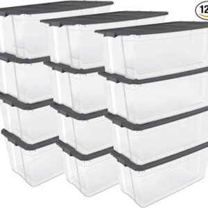12-Pack Modular Stacker Box, Durable Clear Plastic Storage Bins with Latching Lids, 200 Quart - Stackable Organizing Container Boxes for Closet, Bathroom, and Office