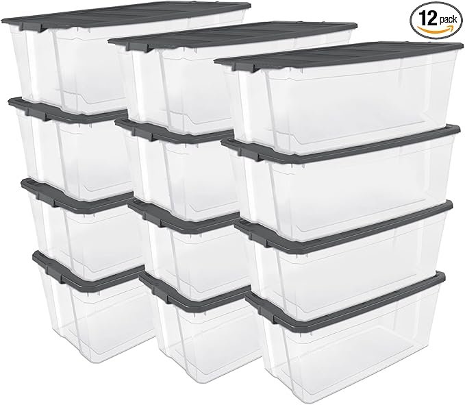 12-Pack Modular Stacker Box, Durable Clear Plastic Storage Bins with Latching Lids, 200 Quart - Stackable Organizing Container Boxes for Closet, Bathroom, and Office