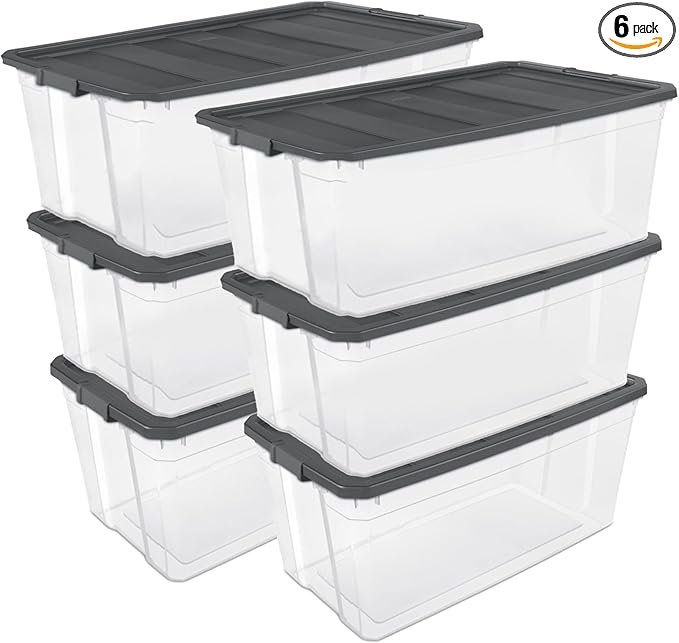 6-Pack Modular Stacker Box, Durable Clear Plastic Storage Bins with Latching Lids, 200 Quart - Stackable Organizing Container Boxes for Closet, Bathroom, and Office