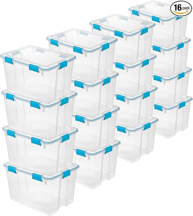 16-Pack Gasket Box, Weather-Resistant Storage Bins with Latching Lids, 80 Quart - Heavy-Duty Organizing Containers for Closet, Bathroom, and Office