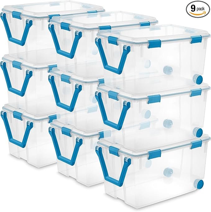 9-Pack Gasket Box, Weather-Resistant Storage Bins with Latching Lids, 120 Quart - Heavy-Duty Organizing Containers for Closet, Bathroom, and Office